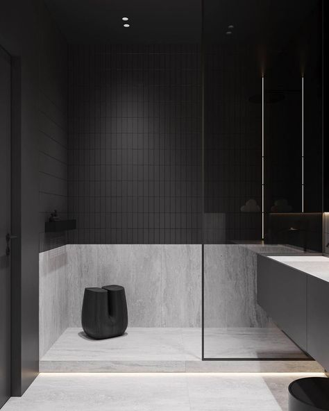 Office Bathrooms, Monochrome Interior Design, Queenslander Renovation, Black And White Bathroom, Bathroom Ensuite, Monochrome Interior, Primary Bath, Minimalist Black And White, Flat Interior