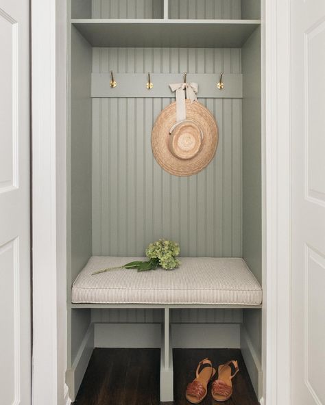 Mini mudroom moment at our Lloyd Harbor project 🌾 never underestimate the power a cozy nook! #mudroom #newyork #traditional #nook Mud Corner Small Spaces, Mini Drop Zone, Built In Shelves Mudroom, Mini Mud Room Ideas, Small Closet Into Mudroom, Mudroom Nook Ideas, Small Narrow Mudroom, Small Closet Nook, Entry Built In Bench