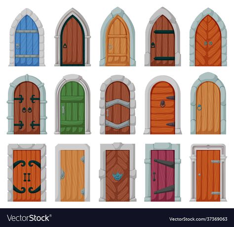 Medieval Door Drawing, Illustration Castle, Door Cartoon, Wood Cartoon, Medieval Door, Vector House, Asian Lamps, Castle Doors, Chinese Crafts