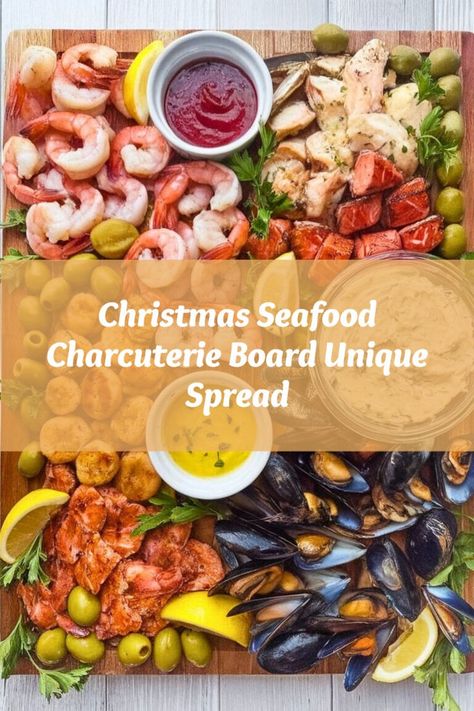 A luxurious holiday charcuterie board showcasing shrimp, scallops, and smoked salmon for Christmas dinner parties. Seafood Boards For Parties, Charcuterie Board With Shrimp Cocktail, Seafood Board Ideas, Christmas Seafood Platter, Salmon Charcuterie Board Ideas, Cold Seafood Appetizers, Shrimp Charcuterie Board Ideas, Seacuterie Board Ideas, Seafood Board Platter