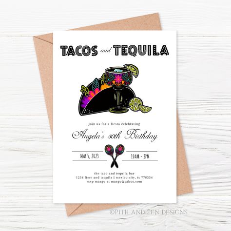 Fiesta Birthday Invitation, Tacos and Tequila Party, https://etsy.me/43Q6E0p #birthday #printable #margaritas #cincodemayo #mexicanfiesta #mexicothemeparty #printableinvitation #senoritamargarita #tacobirthday #tacosandtequila #tacoboutaparty #fiesta #birthdayfiesta Mexican Theme Party, Tequila Party, Margarita Party, Fiesta Birthday Invitations, Fiesta Bridal Shower Invitations, Fiesta Bridal Shower, Fiesta Birthday Party, Tacos And Tequila, Mexican Theme