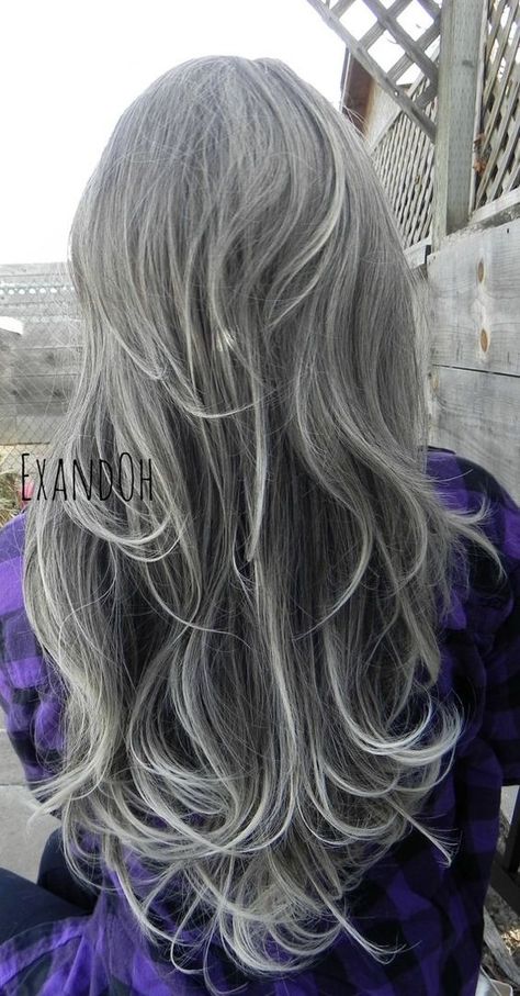 Long Grey Hair, Grey Hair Looks, Granny Hair, Grey Hair Dye, Grey Hair Inspiration, Beautiful Gray Hair, Layered Cut, Grey Wig, Silver Grey Hair