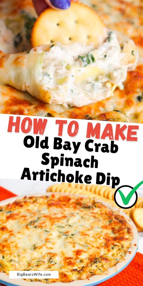 Indulge in the ultimate flavor sensation with the perfect pairing of Old Bay, crab, and spinach artichoke dip. The iconic blend of spices in Old Bay amplifies the taste of the dip, creating a mouthwatering combination that will leave you craving for more. Whether you're a seafood enthusiast or simply looking for a crowd-pleasing appetizer, this recipe is a game-changer. via @bigbearswife Crab And Spinach Dip Recipe, Crab Spinach Artichoke Dip, Crab And Artichoke Dip, Dip Recipes Hot, Hot Crab Dip, Spinach Dip Recipe, Crab Dip, Artichoke Recipes, Crab Recipes