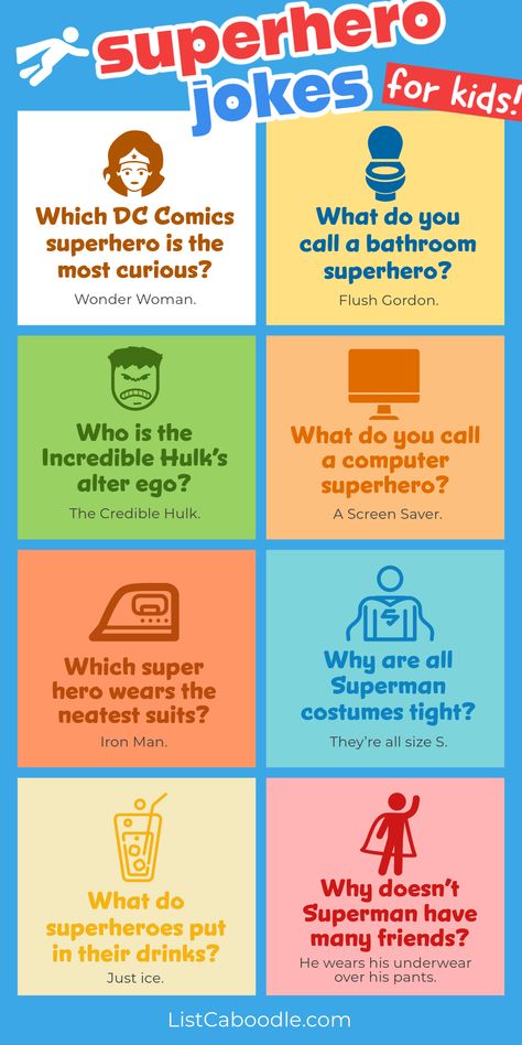 The best superhero jokes for kids of all ages. Lunch Jokes, Kid Friendly Jokes, Funny Superhero, Fail Pictures, Kid Jokes, Lunchbox Jokes, Jokes For Teens, Tricky Riddles, Lunchbox Notes