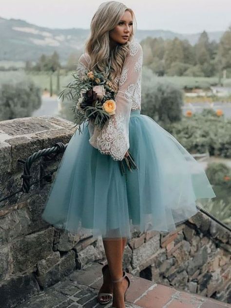 Blue Simple Wedding Dress A Line Designed Neckline Lace Tulle Bridal Gowns Tea Length Homecoming Dresses, Lace Top Wedding, Gonna In Tulle, Long Sleeve Homecoming Dresses, Dress Tutu, Tulle Homecoming Dress, Homecoming Dresses Long, Affordable Wedding Dresses, Lace Homecoming Dresses