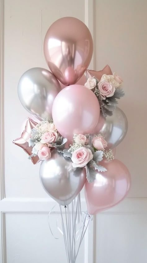 Pink Silver Balloon Arch, Ballon Combination Ideas, Pink And Silver Decor, Pink And Silver Baby Shower Ideas, Balloon Set Up, Birthday Party Ideas Balloons, Pink And Silver Decorations, Pink And Silver Balloons, Balloon Combination