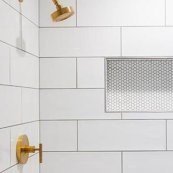 Gray Grout With White Tiles Design Ideas Hexagon Shower Wall Tile, Grey Grout Bathroom, White Tiles Grey Grout, Tiled Niche, Large Tile Bathroom, Large White Tiles, Tile Shower Niche, Gray Grout, White Hexagon Tiles