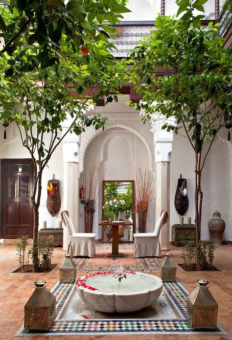 Lovely courtyard at Hotel Riad, Marrakech. Photographer Jerome Mondiere Moroccan Courtyard, Moroccan Garden, Moroccan Houses, Indoor Courtyard, Moroccan Riad, Moroccan Interior Design, Design Marocain, Riad Marrakech, Moroccan Homes