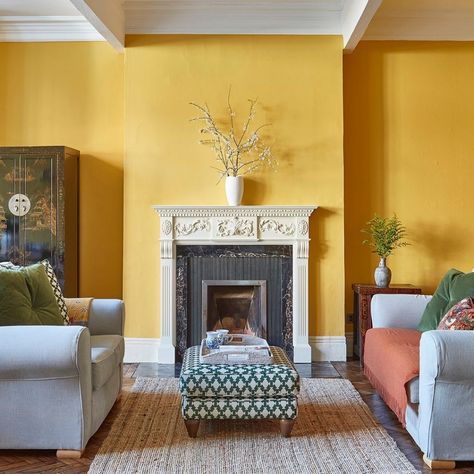 Coastal Mantle, Yellow Living Room Ideas, Yellow Walls Living Room, Georgian Windows, Copper Living Room, Room Revamp, Yellow Paint Colors, Mustard Walls, Country Modern Home