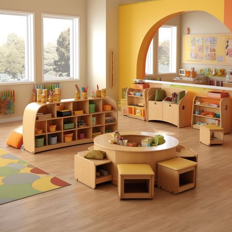 Office Kids Play Area, Wooden Classroom Decor, Montessori Daycare Setup, Day Care Center Design, Montessori Centers, Infant Room Daycare Layout, Montessori Classroom Furniture, Bloxburg Daycare, Preschool Room Layout