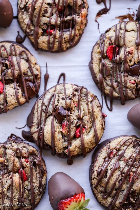 These Chocolate-Dipped Strawberry Chocolate Chip Cookies are soft + chewy cookies full of freeze dried strawberries and chocolate chunks, dipped and drizzled with dark chocolate. Strawberry Chocolate Chip, Strawberry Chocolate Chip Cookies, Soft Chewy Cookies, Strawberries And Chocolate, Chewy Cookies, Strawberry Chocolate, Chocolate Dipped Strawberries, Freeze Dried Strawberries, Strawberry Dip