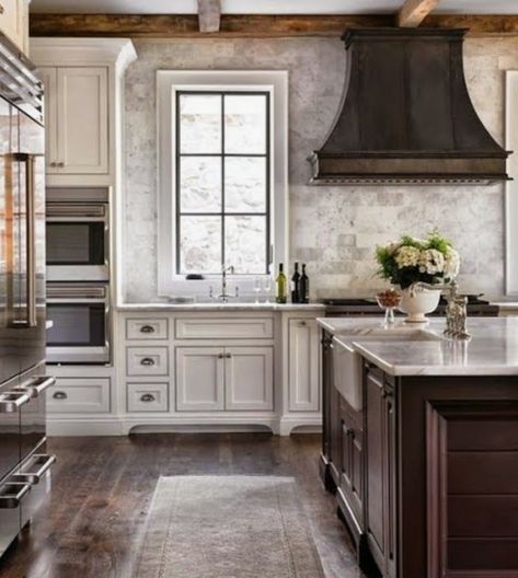 Modern Farmhouse Kitchen with zinc range hood French Country Kitchen Designs, Country Kitchen Designs, French Country Kitchens, Brown Kitchens, Kitchen Hoods, French Country Kitchen, Trendy Kitchen, Farmhouse Style House, Large Kitchen