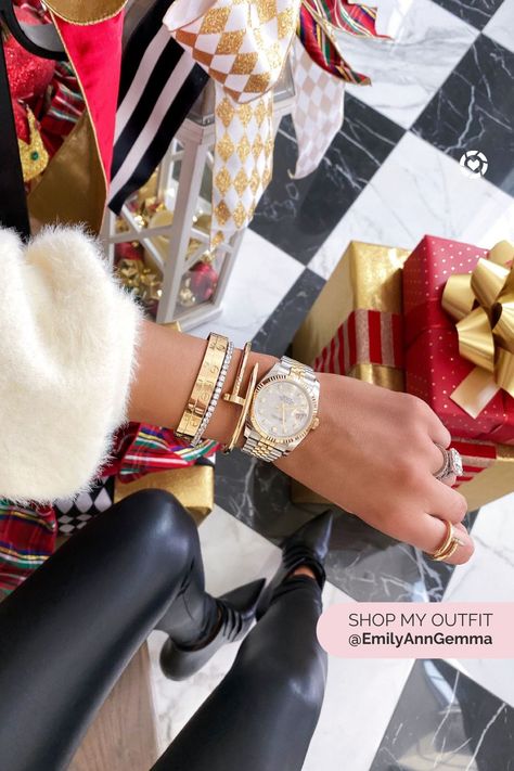 Fuzzy Sweater, Faux Leather Leggings, Two tone Watch, Rolex, Cartier, Christian Louboutin, Gold Bracelets. Emily Ann Gemma, The Sweetest Thing Blog #EmilyGemma #theSweetestThingBlog Two Tone Watches Women, Emily Ann Gemma, The Sweetest Thing Blog, Emily Ann, Dior Earrings, Baublebar Earrings, The Sweetest Thing, Sweetest Thing, Instagram Outfits