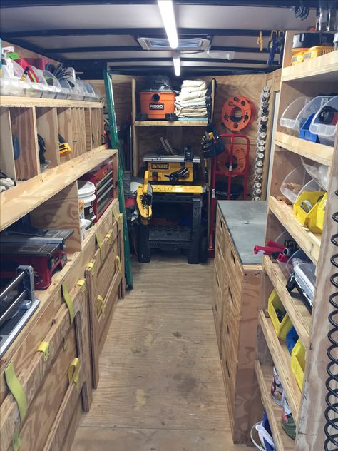 My Paulk inspired trailer design Plumbing Trailer Organization, Plumbing Truck Organization, Enclosed Trailer Ideas, Jobsite Trailer, Trailer Layout, Trailer Shelving, Work Truck Organization, Construction Trailer, Tool Trailer