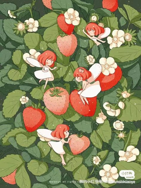 Fairy Strawberry, Watermelon Illustration, Food Illustration Design, Strawberry Art, Hand Drawing Reference, Kawaii Illustration, Book Illustration Art, Childrens Books Illustrations, Vintage Poster Art