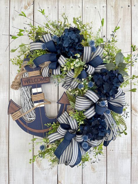 Excited to share this item from my #etsy shop: Reserved for Susan Nautical Coastal Beach Summer blue Anchor wreath for front door wall hanging Beach house or home decor also great gift Nautical Wreath Ideas, Front Porch Entrance, Seaside Wreath, Coastal Wreaths, Dark Blue Hydrangea, Anchor Wreath, Porch Entrance, Wood Anchor, Coastal Wreath