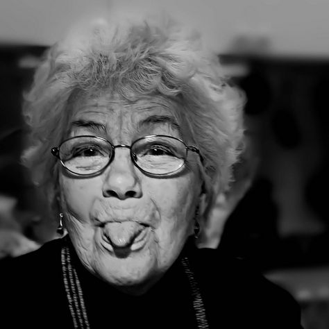 Lovely elderly women pulling a face and sticking her tongue out. by The Rabbit Burrow, via Flickr Rabbit Burrow, Old Age Makeup, Brand Moodboard, Surprise Face, Silver Haired Beauties, Expressions Photography, Speaking In Tongues, Black And White Face, Tongue Tie