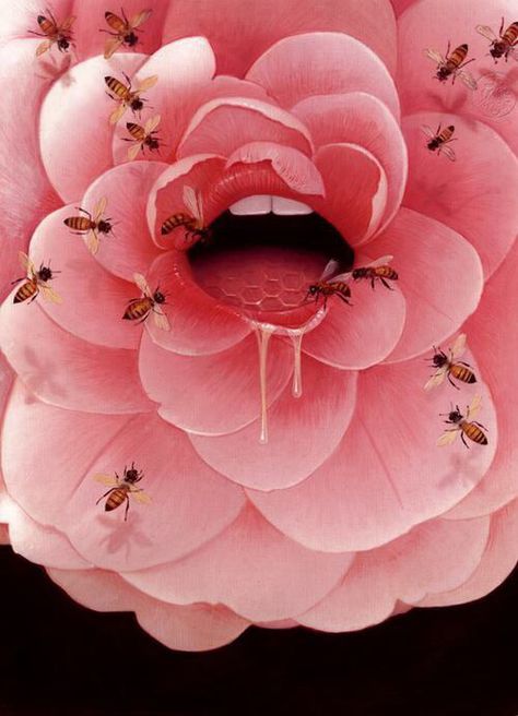 Pink flower with mouth & bees art Yellow Daffodils, Photographie Inspo, Artist Interview, Bee Art, Honey Pot, Pop Surrealism, Surreal Art, Daffodils, Surrealism