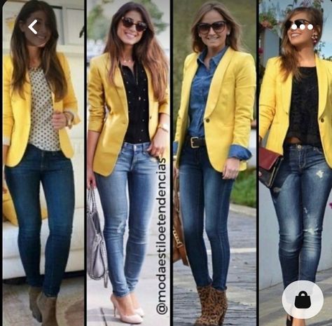 Mustard Blazer Outfits For Women, Mustard Blazer Outfit, Yellow Blazer Outfit, Orange Blazer Outfits, Yellow Outfits, Jeans Blazer, Blazer Outfits Casual, Smart Casual Women, Jacket Outfit Women