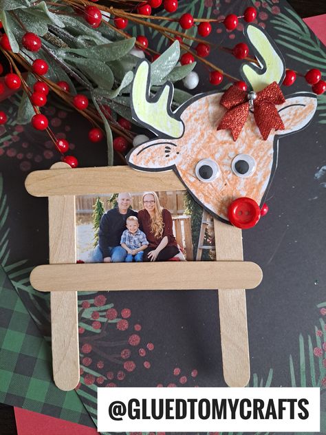 Popsicle Stick Reindeer Picture Frame Ornament Gingerbread Popsicle Stick Ornament, Reindeer Picture Frame, Popsicle Reindeer Ornament, Popsicle Stick Photo Ornaments, Popsicle Stick Sled Ornament, Reindeer Popsicle Stick Ornament, Popsicle Stick Frames For Kids, Popsicle Stick Ornaments With Picture, Popsicle Stick Picture Frame For Kids