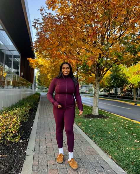 cute workout outfits, burgundy jumpsuit and jacket Cute Workout Outfits For Women, Jumpsuit And Jacket, Fitness Fits, Workout Outfits For Women, Fall Athleisure, Burgundy Jumpsuit, Cute Workout Outfits, Cute Gym Outfits, Workout Outfits