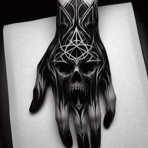 Blackwork Knife Tattoo, Demonic Hand Tattoos, Dark Throat Tattoo, Creepy Hand Tattoos, Blacked Out Tattoo Cover Up, Tattoo Hand Men, Cover Up Tattoos For Men, All Black Tattoos, Knight Tattoo