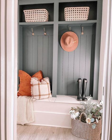 Mudroom Nook, Mudroom Paint, Alexa Anglin, Mudroom Paint Color, Closet Nook, Moody Paint, Entry Nook, Functional Mudroom, Vertical Shiplap