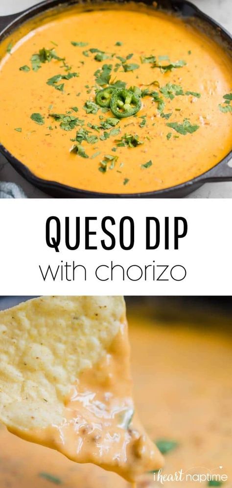 Cheesy and delicious chorizo queso dip that's loaded with flavor! The perfect appetizer for any party that can easily be made ahead of time. #cheese #cheesedip #queso #quesodip #cheesy #dips #appetizers #chorizo #appetizerrecipes #recipes #iheartnaptime Chorizo Queso Dip Crockpot, Queso Dip With Chorizo, Skillet Queso Dip, Dip With Chorizo, Chorizo Queso Dip, Skillet Queso, Queso Dip Crockpot, Cheesy Dips, Chorizo Queso