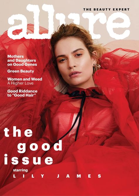 Lily James on the August cover of "Allure." #LilyJames #Allure Allure Magazine Cover, Lilly James, Hollywood Makeup, Allure Magazine, Popular Magazine, Good Genes, Fashion Magazine Cover, Juice Beauty, Lily James