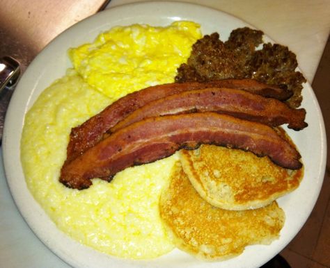 Grits, Eggs, Bacon, Sausage,& (Pancakes are made to order) Sausage Pancakes, Grits And Eggs, Bacon Sausage, Big Breakfast, Sausage And Egg, Breakfast Pancakes, Egg Breakfast, Grits, Food Cravings