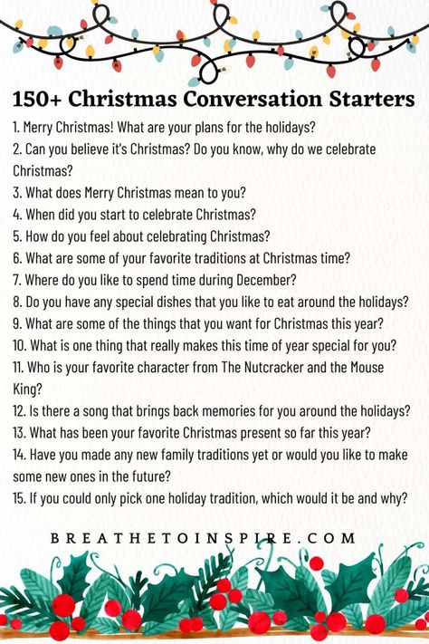 christmas conversation starters Book Club Conversation Starters, Christmas Questions For Adults, Christmas Conversation Starters, Christmas Questions, Christmas Starters, Fun Holiday Games, December Ideas, Conversation Starters For Kids, Icebreaker Questions