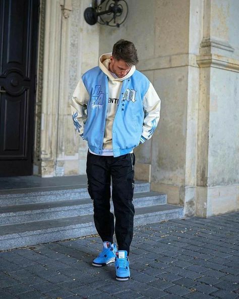 Varsity Jacket Outfit Mens, Blue Outfit Men, Baseball Jacket Outfit, Varsity Jacket Outfit, Streetwear Jackets, Varsity Jackets, Streetwear Mode, Varsity Jacket Men, Street Fashion Men Streetwear