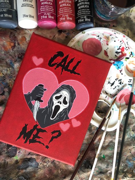 Spooky Love Painting, Ghostface Acrylic Painting, Scream Painting Aesthetic Easy, Easy Scream Painting, Painting Ideas On Canvas For Room, Painting Ideas Ghostface, Painting Ideas On Canvas Scary, Scary Painting Ideas On Canvas, Painting Ideas On Canvas Horror