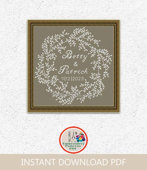 Cross Stitch Wedding Patterns, Diy Engagement Gifts, Wedding Sampler Cross Stitch, Wreath Cross Stitch Pattern, Sampler Embroidery, Wreath Cross Stitch, Wedding Sampler, Wreath Cross, Wedding Cross Stitch Patterns