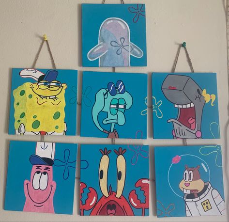 All paintings listed for sale online on artpal Tiny Canvas Painting Spongebob, Mini Canvas Art Spongebob, Spongebob Character Paintings, Simple Art Pieces, Simple Spongebob Paintings, Mini Spongebob Painting, Sponge Bob Canvas Painting, Two Piece Painting Canvases, Flat Canvas Painting