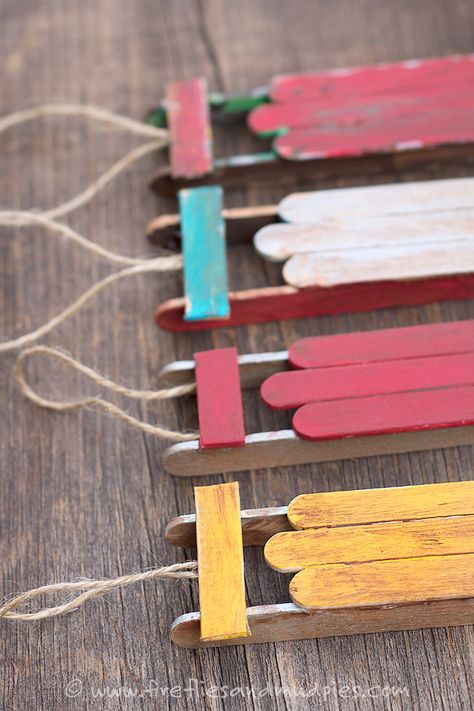 Wooden Sled Ornaments | Fireflies and Mud Pies Popsicle Stick Sled, Mud Pies, Jul Diy, Wooden Craft Sticks, Cheap Christmas Diy, Diy Jul, Diy Christmas Tree Ornaments, Popsicle Stick Crafts, Popsicle Stick