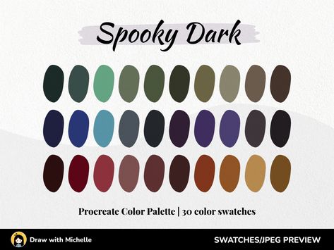 THIS COLOUR PALETTE IS AN INSTANT DIGITAL DOWNLOAD This is one set of handpicked color palette made up of my favorite colors and combinations, easy to use with your design or project! This is a collection of 30  inspired colors, ready to install. ♥ ♥ ♥ WHAT YOU RECEIVE: 1 color palette with 30 inspired colors: HOW TO USE: - Download through web browser (not Etsy app) - Click the file on your iPad and it will automatically import into your Procreate color palettes. Please send me a message if you Dark Bright Color Palette, Dark Bold Color Palette, Dark Color Combinations, Spooky Color Palette, Gothic Palette, Gothic Color Palette, 1 Color Palette, Procreate Color Palettes, Color Palette Dark