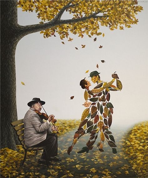 Tango of Autumn. Symbology and Imagination in Surreal Paintings. By Mihai Criste. Surrealism Painting, Pressed Flower Art, Art Et Illustration, Art Academy, Art And Illustration, Leaf Art, Surreal Art, A Tree, Surrealism