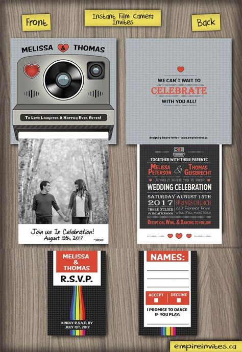 Cheap Online interactive instant film camera wedding invitations From Canada | Empire Invites, Winnipeg Polaroid Invitation, Film Camera Wedding, Wedding Invitations Canada, Launch Event Ideas, Camera Wedding, Wedding Diys, Pose Prewedding, Simple Stage Decorations, Best Wedding Invitations