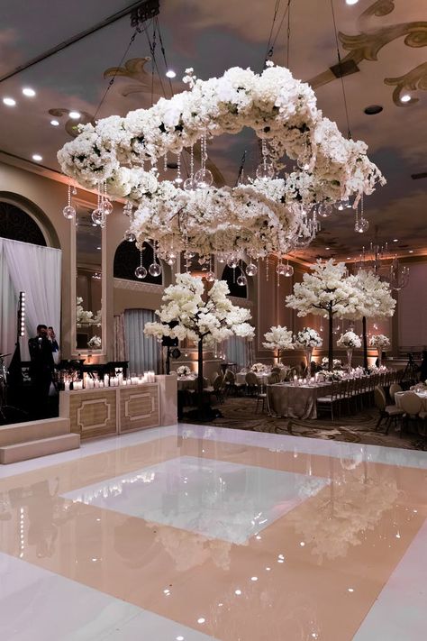 Wedding After Party Dance Floor, Dance Floor Ceiling Decor, Wedding Dance Floor Ideas, Wedding Dance Floors, Dance Floor Ideas, Wedding Reception Dance Floor, Wedding Pampas, White Dance Floor, Wedding Ballroom