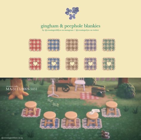 acnh design, animal crossing new horizons, cottagecore, cozy gaming, acnh Acnh Picnic Blanket Pattern Code, Acnh Picnic Blanket Pattern, Cottage Core Picnic, Picnic Blanket Pattern, Fall Cottagecore, Cute Blanket, Cute Cushions, Acnh Codes, Animal Crossing Wild World