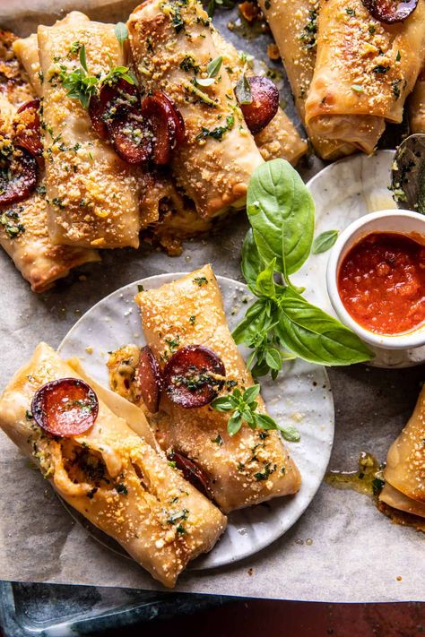 Pizza Egg Rolls, Half Baked Harvest Recipes, Garlic Pizza, Homemade Garlic Butter, Buffalo Recipe, Sage Sausage, Harvest Recipes, Half Baked, Half Baked Harvest