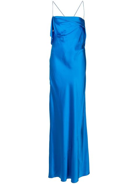 Blue Long Dresses, Spy Aesthetic, Silk Dress Design, Unique Formal Dresses, Bright Blue Dresses, Gown Blue, Drape Gowns, Blue Silk Dress, Michelle Mason