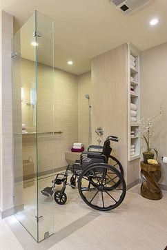 accessible, barrier free, aging-in-place, universal design bathroom remodel modern   The shower is open so that people with mobility aids can come in without any trouble. Universal Design Bathroom, Accessible House, Accessible Bathroom Design, Disabled Bathroom, Ada Bathroom, Mold In Bathroom, Accessible Bathroom, Barrier Free, Bathroom Remodel Shower