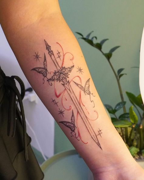 Xie Lian’s sword from Heaven Officials Blessing - for Jessica 🗡️ Done @sashatattooingessential 🌱 - - - #heavenofficialsblessing #manhua #fineline #swordtattoo #xielian #finelinetattoo #tattooinspo #tattooartist Heaven Officials Blessing Tattoo, Tgcf Tattoo Ideas, Tgcf Tattoo, Blessing Tattoo, Tatuaje Studio Ghibli, Painting Tattoos, Heaven Officials Blessing, Bohemian Tattoo, Whimsical Tattoos