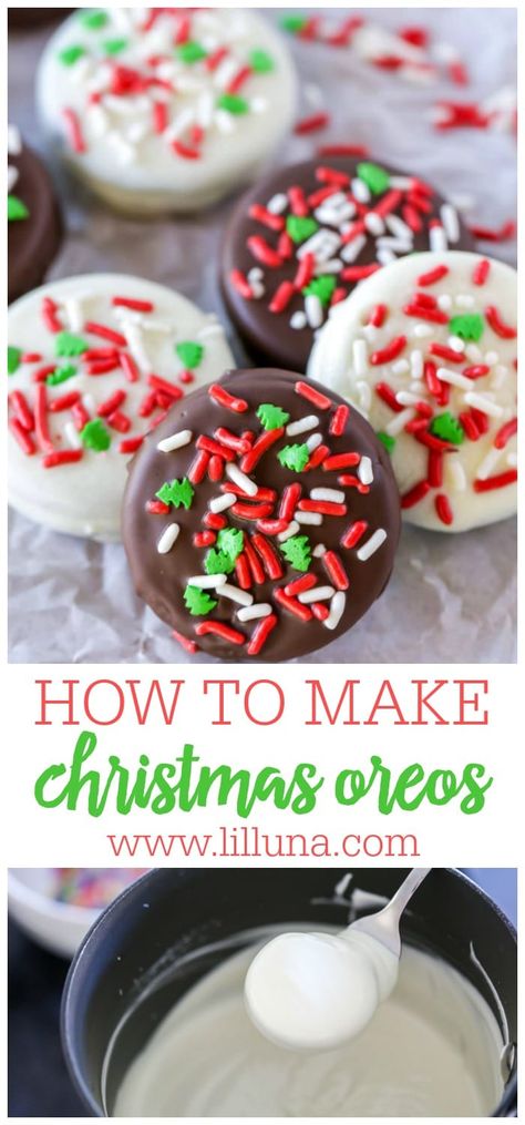 Classic Christmas Oreo cookies dipped in milk or white chocolate and topped with festive sprinkles make for a decadent treat! #christmasoreos #christmas #oreos #chocolate #whitechocolate #treat Fudge Dipped Oreos, Holiday Oreo Cookie Pops, Oreo Dipped In Chocolate Christmas, Oreo Holiday Cookies, Oreo Cookie Dipped In Chocolate, Oreo Holiday Treats, White Chocolate Dipped Oreos Christmas, Oreo Dipped In White Chocolate, Oreo Covered Cookies