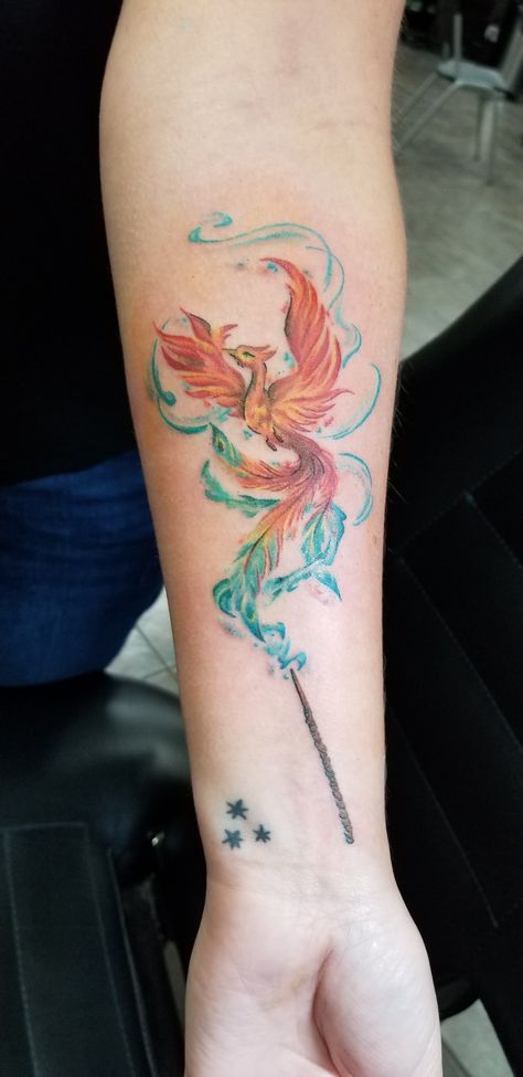 Rebirth Tattoos, Phoenix Patronus Tattoo, Phenix Tattoo For Women Leg, Fawkes Harry Potter Tattoo, Harry Potter Calf Tattoo, Phoenix Patronus Art, Harry Potter Patronus Tattoo, Patronus Tattoo Harry Potter, Dumbledore Phoenix Tattoo