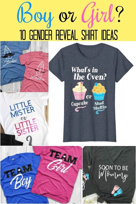 Looking for the perfect gender reveal shirts to share your big pregnancy baby news? You'll find cute gender reveal shirts for couples, mom and dad, grandparents, siblings, and aunts! Be sure to get these shirts before your gender reveal party! #genderreveal #genderrevealparty #pregnancy #pregnant #babybelly #newmoms Gender Reveal T Shirts For Grandparents, Gender Reveal Shirts For Aunt, Gender Reveal Couple Outfits, Gender Reveal T-shirts, Gender Reveal Shirts For Grandparents, Gender Reveal Tshirt Ideas Parents, Gender Reveal Cricut Projects, Gender Reveal Shirts For Family, Gender Reveal Shirts For Parents