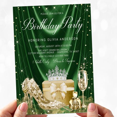 50th Birthday Ideas For Women Green And Gold, Emerald Green Birthday Party Ideas, Green And Gold Birthday, Farewell Ideas, Black And Gold Invitations, Prom Decorations, 20th Bday, Green Quince, Gold Shoe