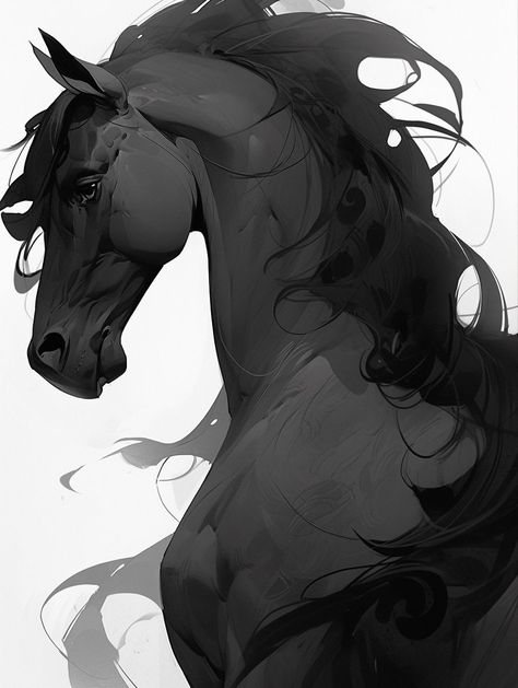 Shadow Horse Fantasy Art, Cool Unicorn Drawings, Black Horse Fantasy Art, Horse Oc Drawing, Horse Mane Drawing, Black Horse Drawing, Horse Fantasy Art, Arabian Horse Drawing, Fantasy Horse Art